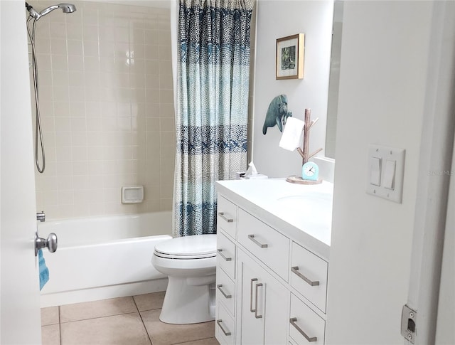 full bathroom with toilet, vanity, shower / bath combo, and tile patterned flooring