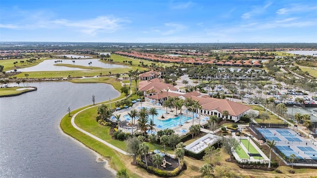 drone / aerial view with a water view