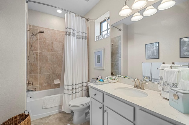 full bathroom with shower / bath combination with curtain, tile patterned floors, toilet, and vanity