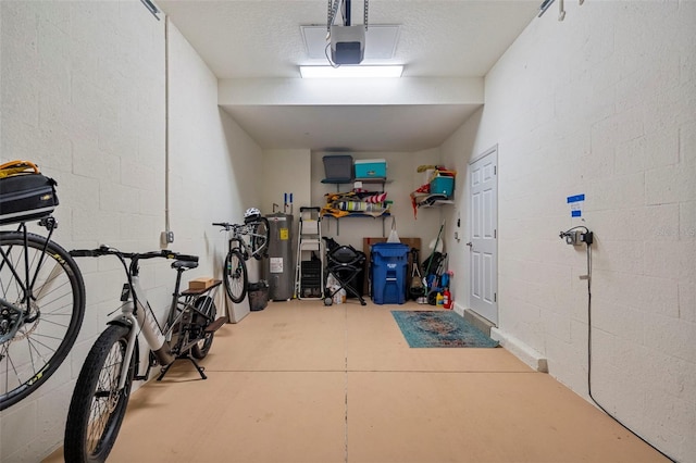 garage featuring a garage door opener and water heater