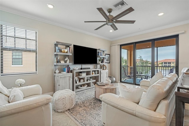 tiled living room featuring crown molding and ceiling fan