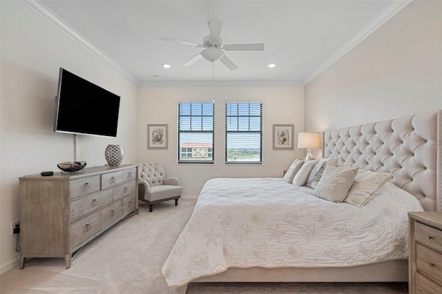 bedroom with crown molding, light carpet, and ceiling fan