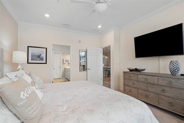 carpeted bedroom with crown molding, ceiling fan, and ensuite bathroom