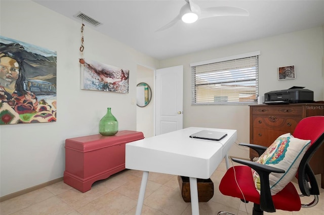 tiled office with ceiling fan