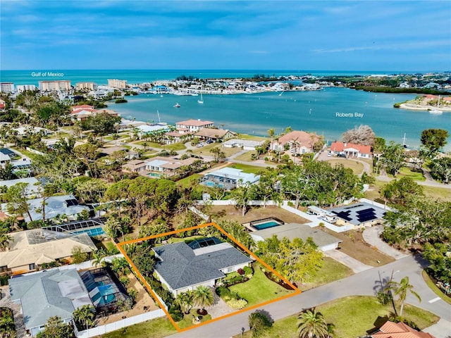 drone / aerial view featuring a water view