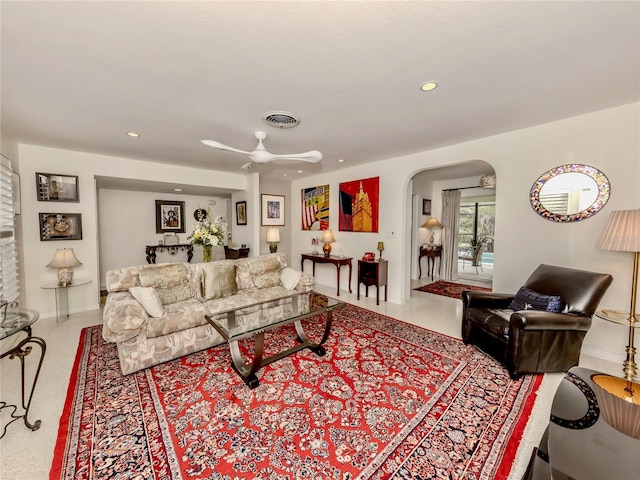 living room with ceiling fan