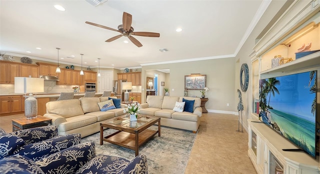 living room with crown molding, light tile patterned floors, and ceiling fan