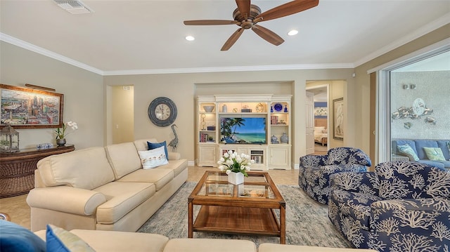 living room featuring ornamental molding and ceiling fan