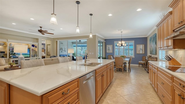 kitchen featuring sink, decorative light fixtures, a center island with sink, stainless steel dishwasher, and ceiling fan with notable chandelier