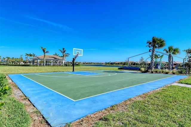 view of sport court featuring a gazebo and a yard