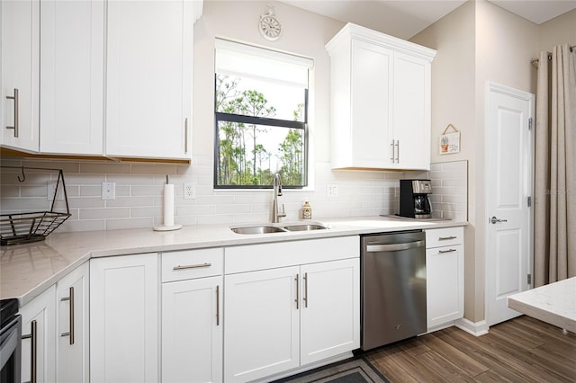 kitchen featuring sink, white cabinetry, light stone counters, dark hardwood / wood-style flooring, and dishwasher