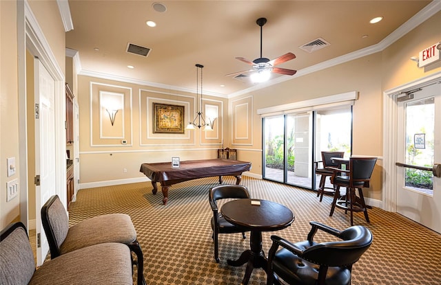 rec room featuring a wealth of natural light, light carpet, and crown molding