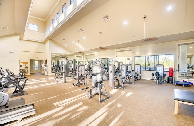 gym with carpet flooring, ornamental molding, ceiling fan, and a high ceiling