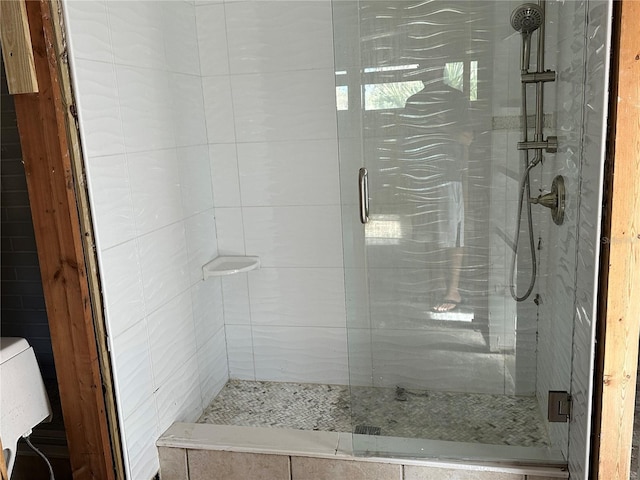 bathroom with toilet and walk in shower