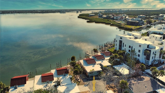 drone / aerial view featuring a water view