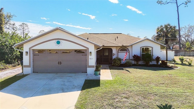 ranch-style home featuring a garage and a front lawn