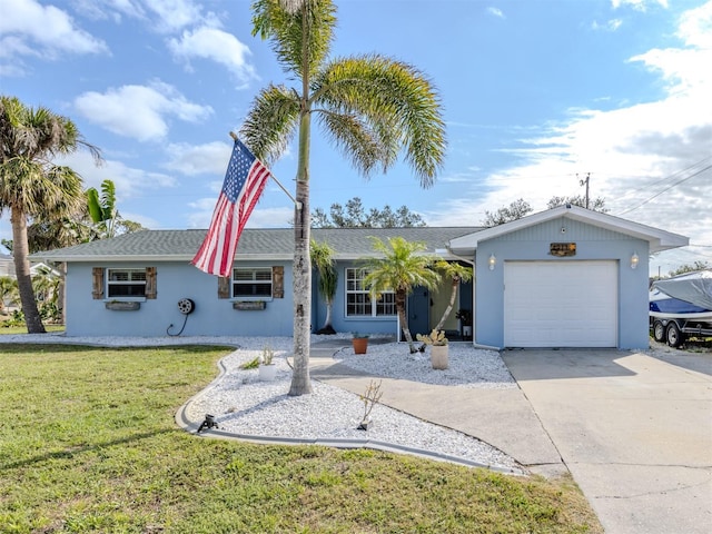 single story home with a garage, concrete driveway, a front yard, and stucco siding