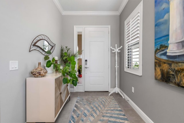 tiled entryway featuring ornamental molding