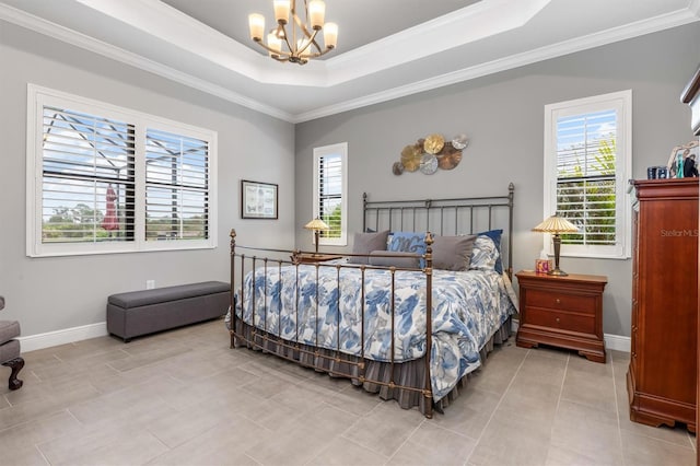 tiled bedroom featuring a chandelier, a raised ceiling, and crown molding