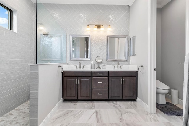 bathroom with toilet, walk in shower, and vanity