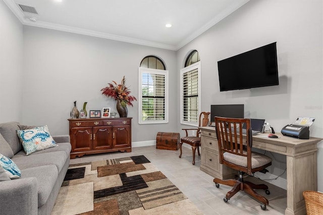 office area with light tile patterned floors and crown molding