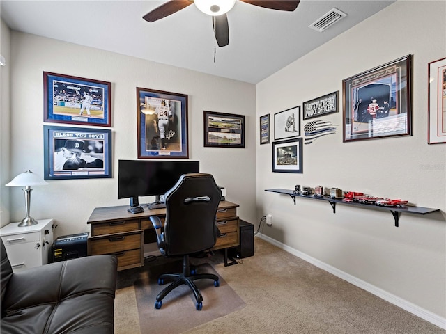 office space with ceiling fan and carpet flooring