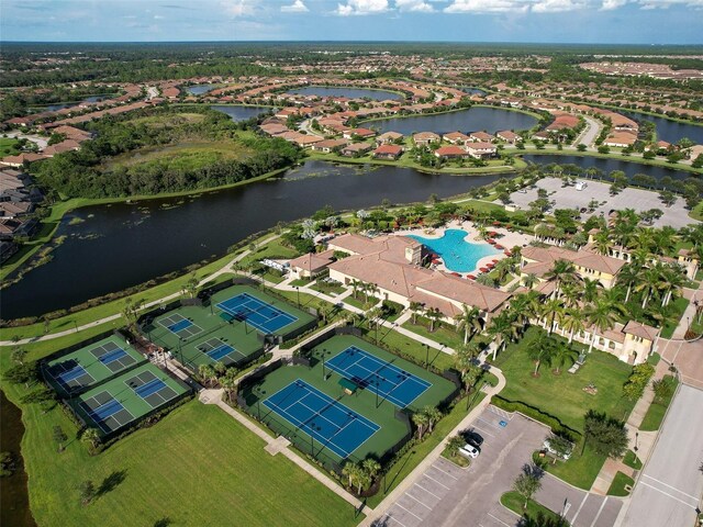 aerial view featuring a water view