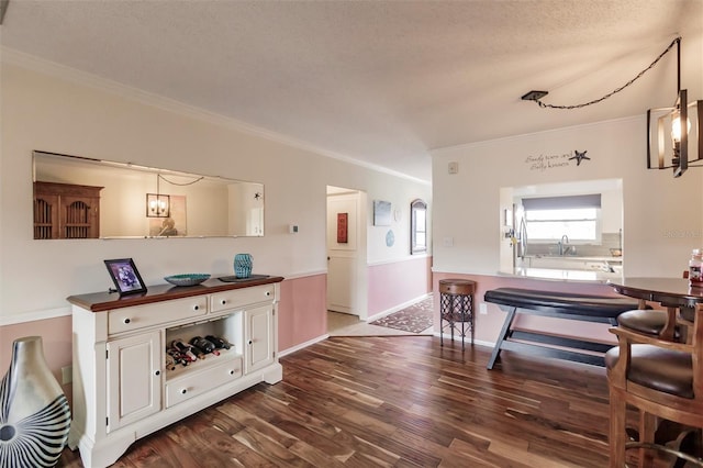 living room featuring a textured ceiling, ornamental molding, dark hardwood / wood-style floors, and sink