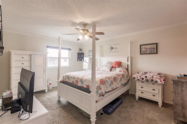 bedroom with ceiling fan, dark carpet, crown molding, and a textured ceiling