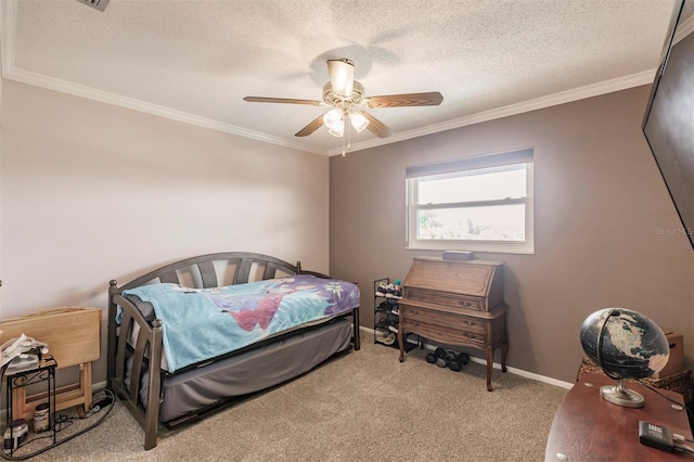 bedroom featuring a textured ceiling, ceiling fan, crown molding, and light carpet