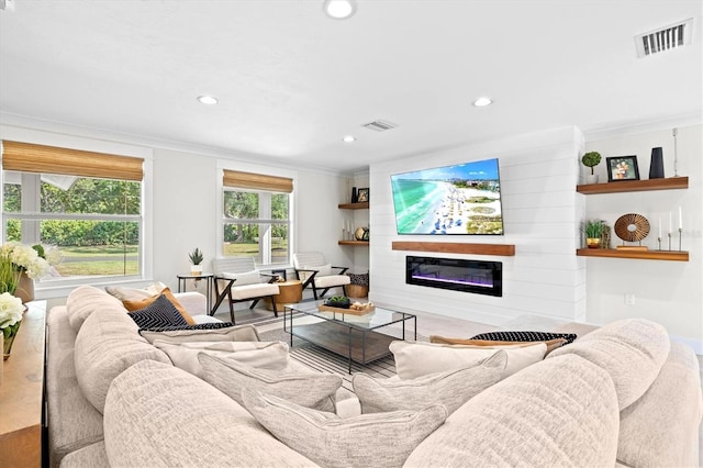 living room featuring hardwood / wood-style flooring, ornamental molding, a fireplace, and a wealth of natural light