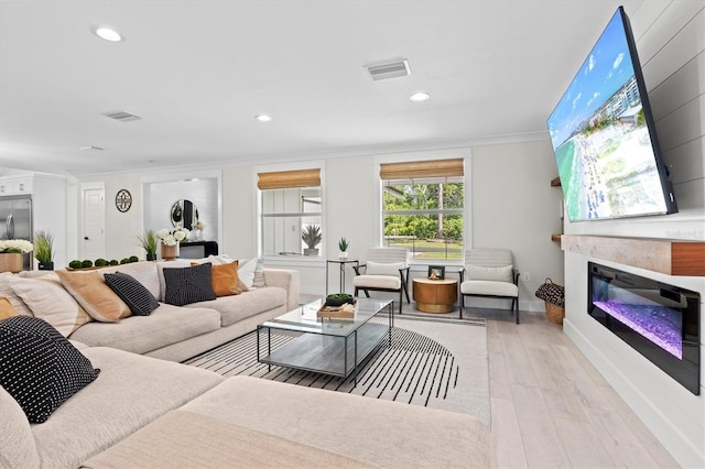 living room featuring crown molding and light hardwood / wood-style floors