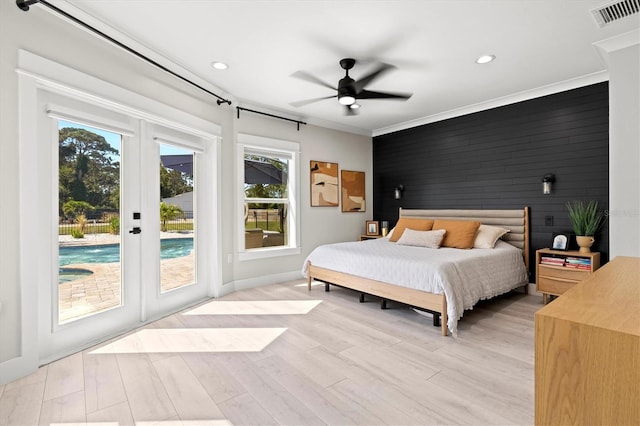 bedroom with french doors, light wood-type flooring, access to outside, ornamental molding, and ceiling fan