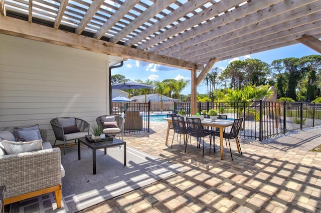 view of patio with a fenced in pool, an outdoor hangout area, and a pergola