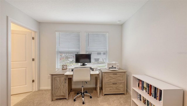 office area featuring light carpet