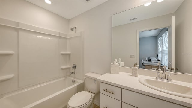 full bathroom with toilet, bathtub / shower combination, and vanity