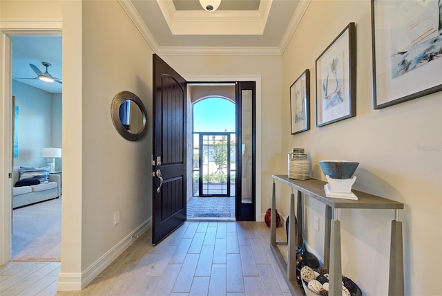 foyer entrance featuring a raised ceiling, ornamental molding, and light wood-type flooring