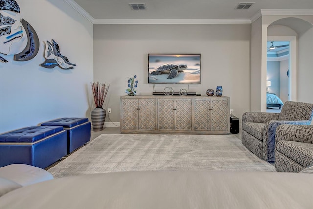 living room with crown molding