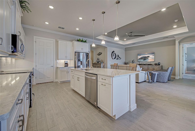 kitchen featuring white cabinetry, a tray ceiling, stainless steel appliances, and a center island with sink