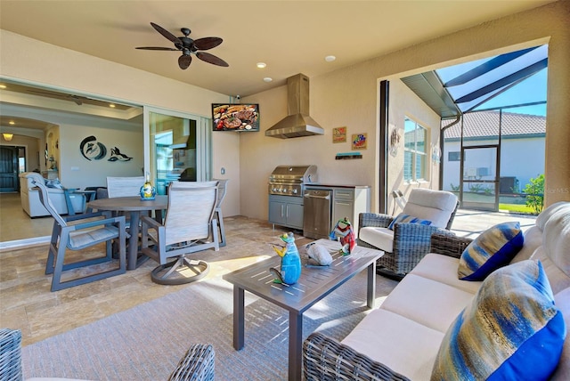 living room featuring ceiling fan