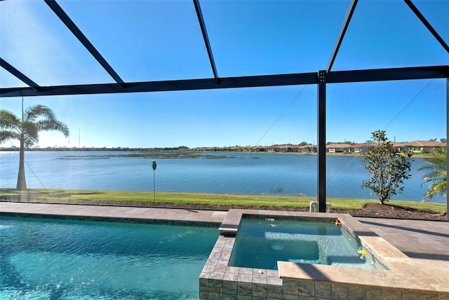 view of pool featuring a water view, an in ground hot tub, and a lanai