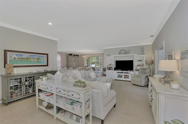 tiled living room with crown molding and an inviting chandelier