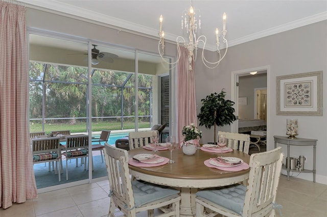 tiled dining room with ceiling fan with notable chandelier, crown molding, and a healthy amount of sunlight