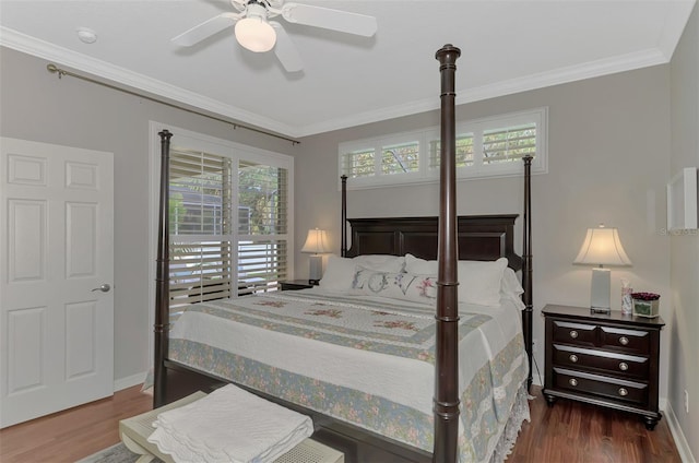 bedroom featuring ceiling fan, dark hardwood / wood-style floors, and ornamental molding