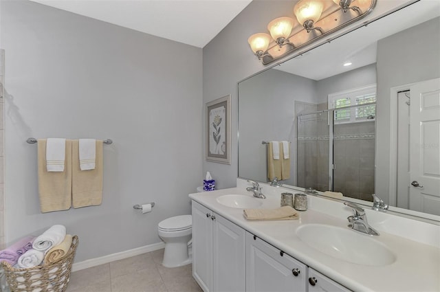 bathroom featuring an enclosed shower, vanity, toilet, and tile patterned flooring