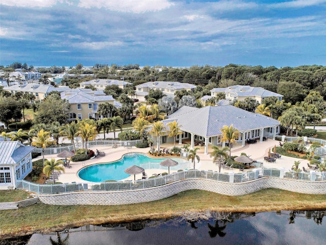 bird's eye view with a water view