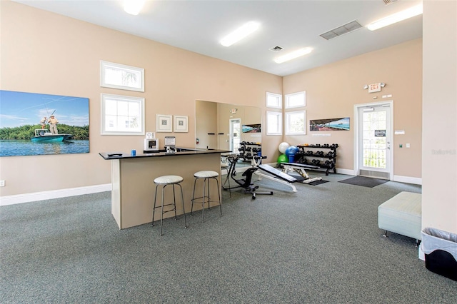 exercise room with a high ceiling and carpet flooring