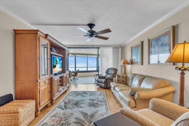 living room with crown molding, light hardwood / wood-style flooring, and ceiling fan