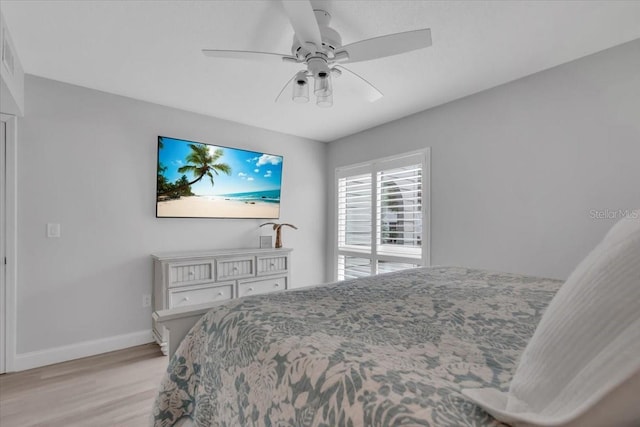 bedroom with ceiling fan and light wood-type flooring