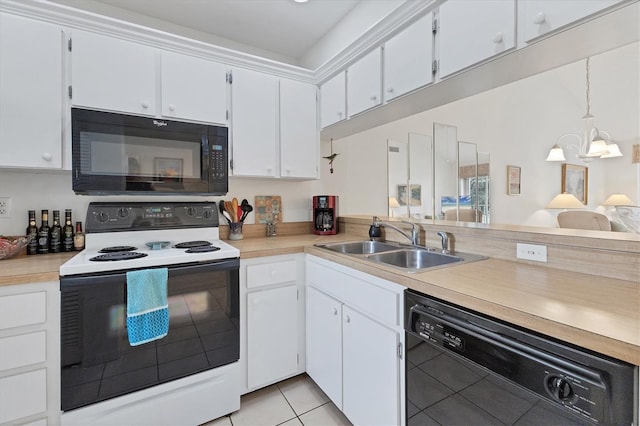 kitchen with an inviting chandelier, white cabinetry, decorative light fixtures, black appliances, and sink